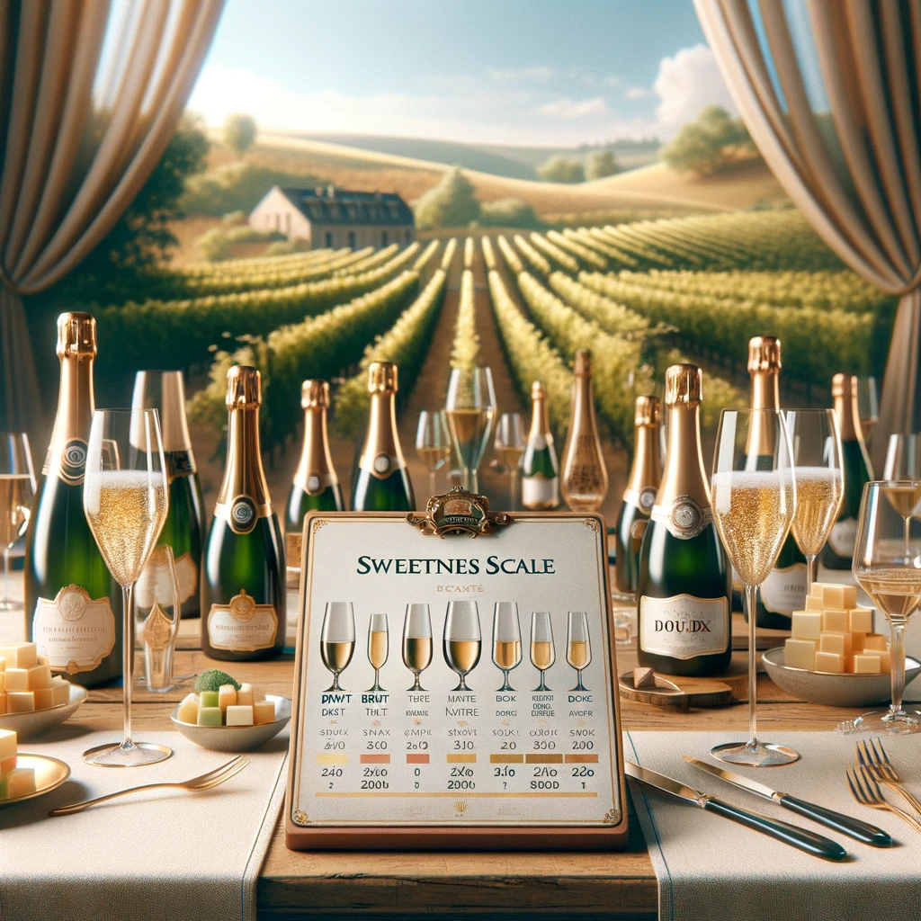 Dall·e 2024 04 09 09.50.18 An Elegant Champagne Tasting Setup Showcasing Various Bottles Of Champagne With Different Sweetness Levels, From Brut Nature To Doux. The Scene Includ