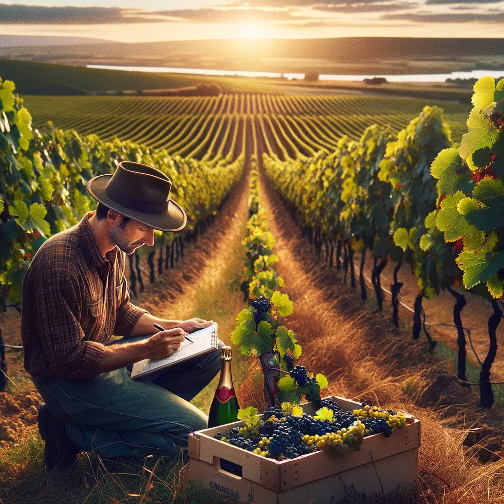Dall·e 2024 03 28 19.05.01 Un Viticulteur En Tenue De Travail Se Tient Dans Un Vignoble Tenant Un Cahier Et Un Stylo Analysant Et Notant Les Caracteristiques Dune Grappe De R