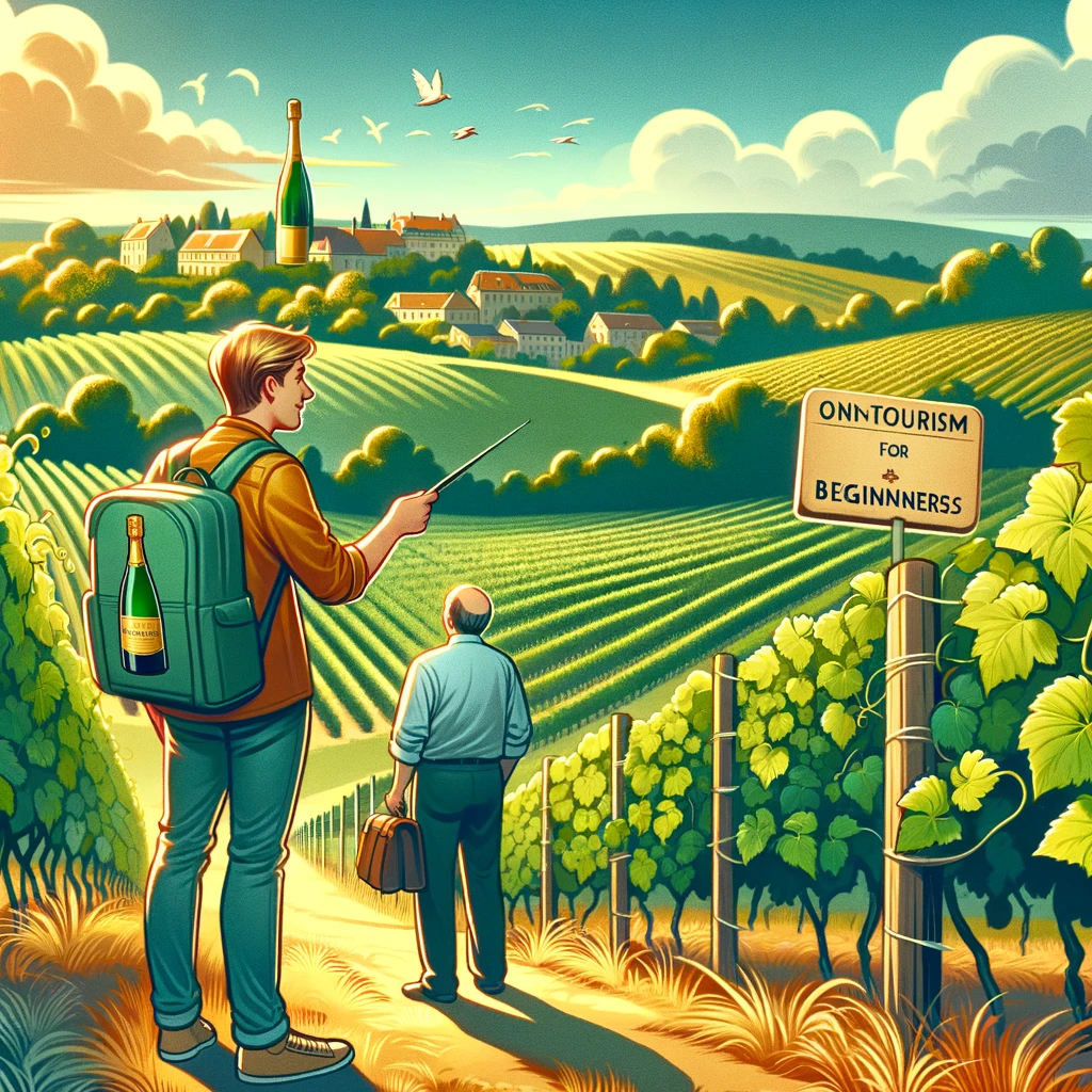 Dall·e 2024 04 07 16.34.41 A Beginner Exploring The Scenic Champagne Vineyards On A Sunny Day, With Lush Green Vines, Rolling Hills In The Background, And A Guide Explaining The